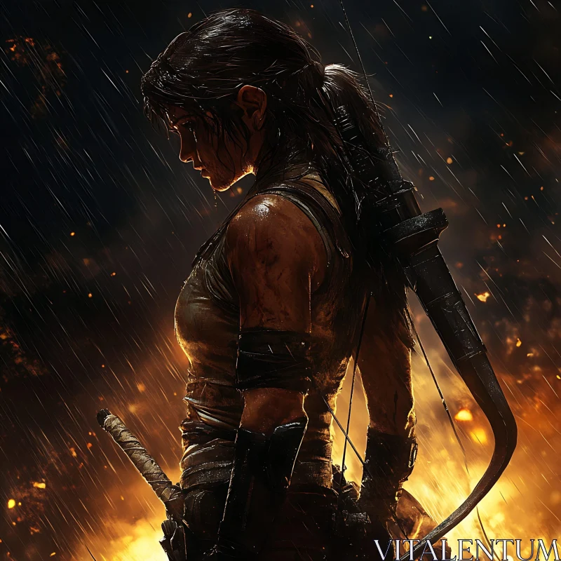 AI ART Female Warrior in Rain and Fire