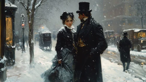 Snowy Cityscape with Couple