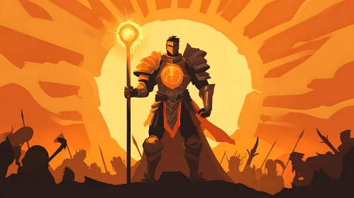 Armored Warrior with Staff Silhouette Crowd