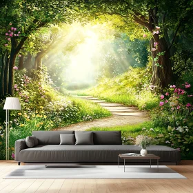Sunlit Forest Pathway Mural in Modern Living Room