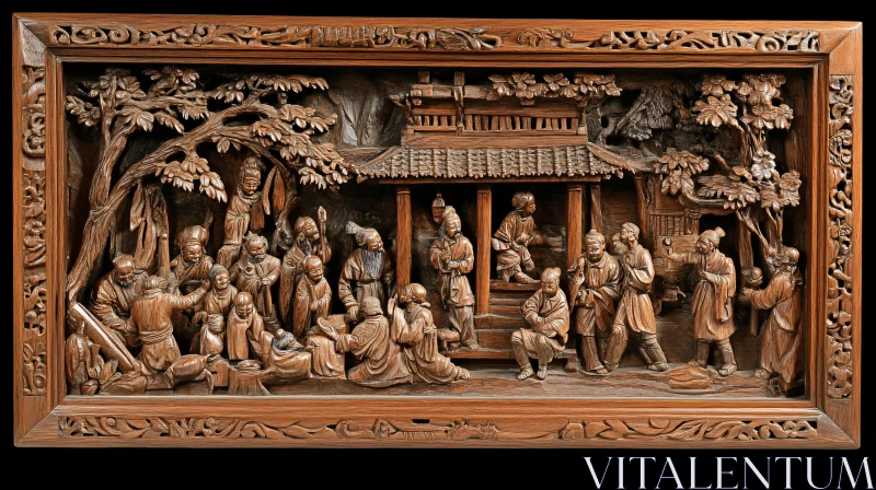 Ornate Wooden Relief of People Gathering AI Image