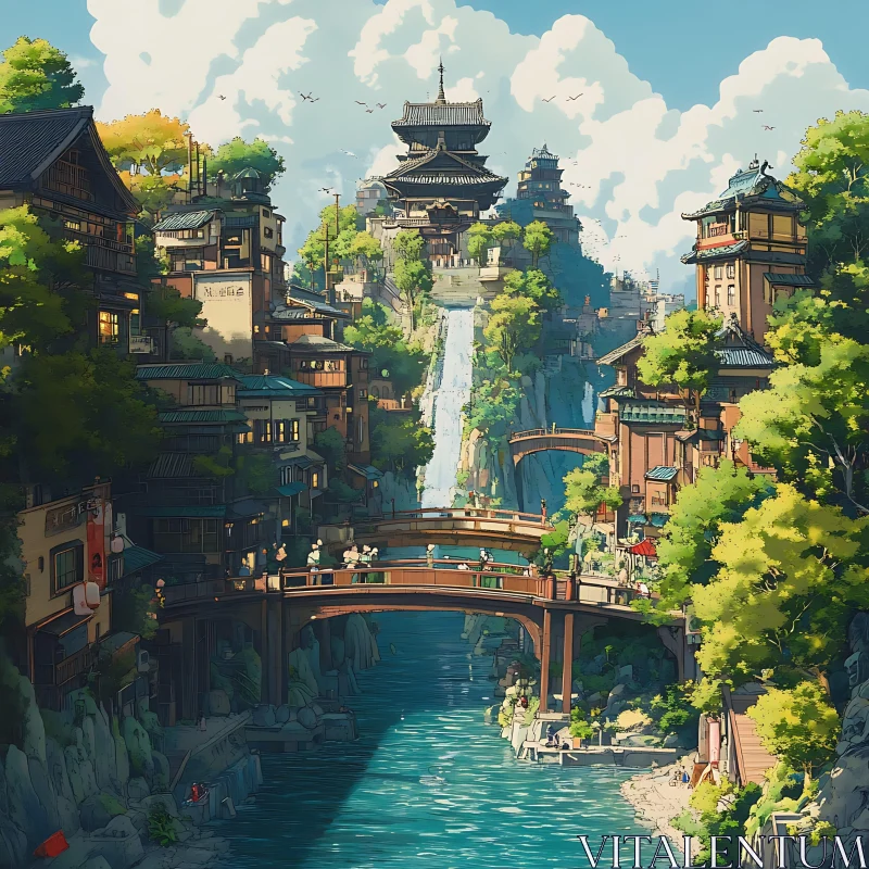 AI ART Tranquil River City View with Traditional Buildings