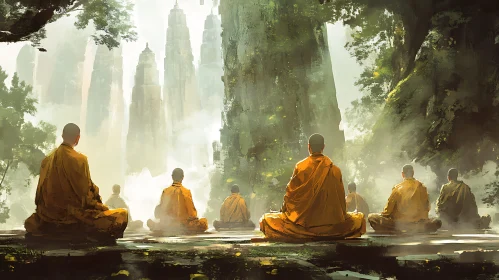 Serene Monks Meditating in Ancient Landscape