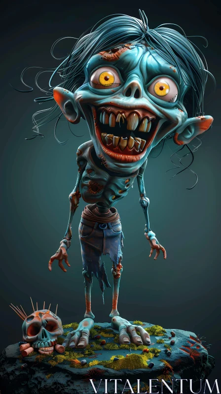 AI ART 3D Rendered Cartoon Zombie with Yellow Eyes and Blue Jeans