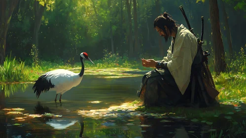 Contemplation by the Pond: Samurai and Crane