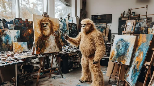 Bigfoot in Art Studio Painting Itself