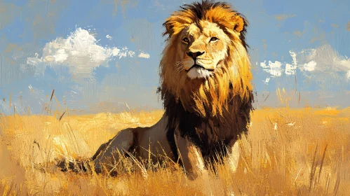 Regal Lion Painting in African Savanna