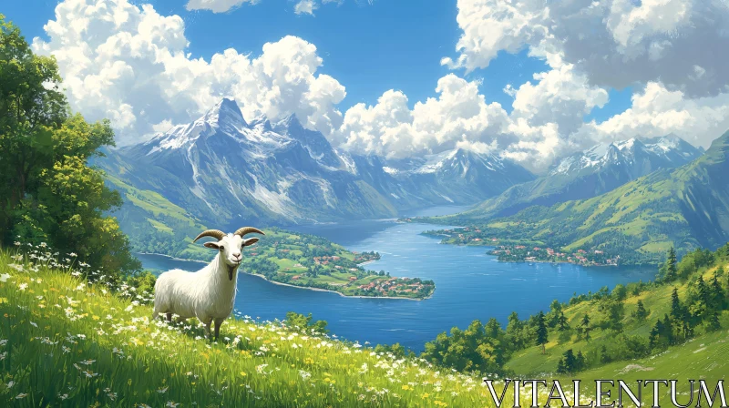 Peaceful Scene with Goat and Lake AI Image