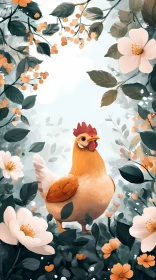 Whimsical Chicken and Flowers