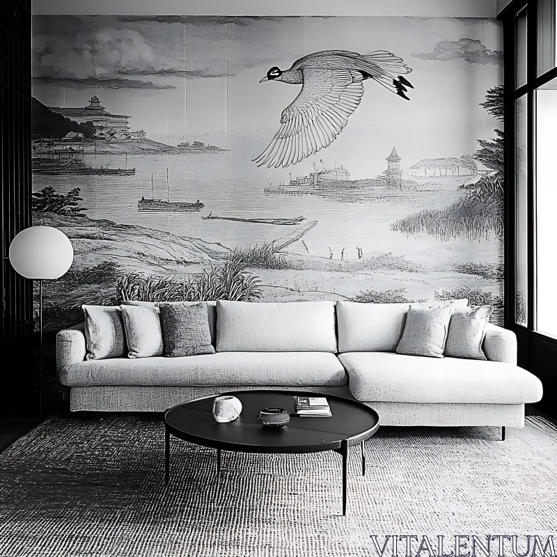 Stylish Black and White Living Room with Nature Wall Art AI Image