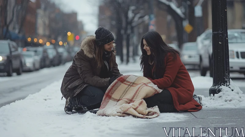 Snowy Day: Friends Sharing a Blanket AI Image