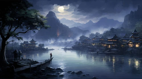 Nighttime Reflection on Misty Waters