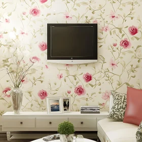 Floral Wallpaper and Modern TV Interior