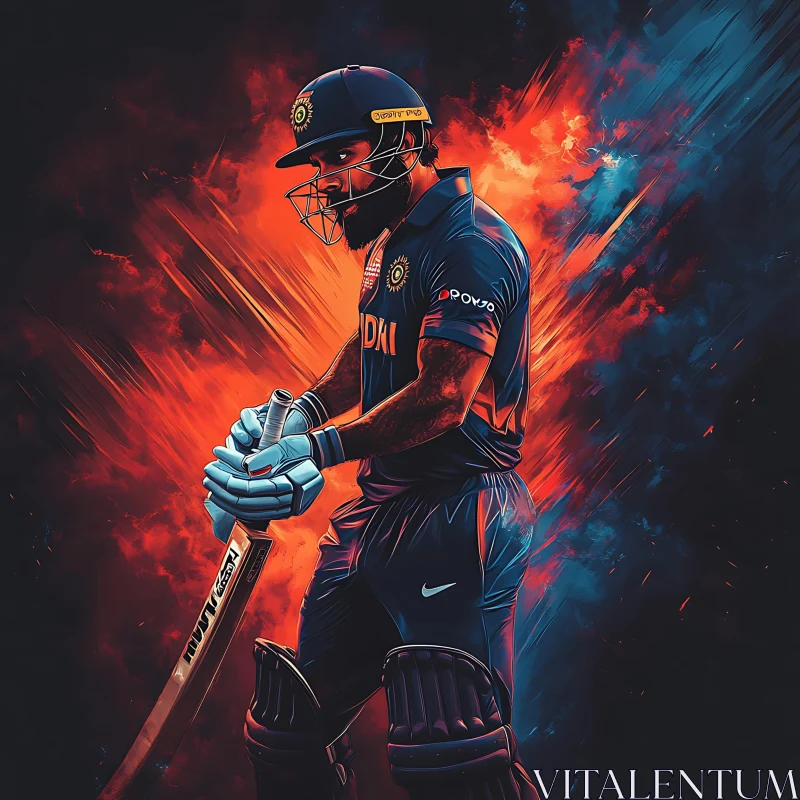 AI ART Focused Cricket Player with Fiery Backdrop