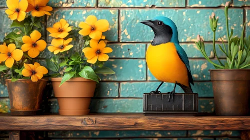 Blue and Yellow Bird with Orange Blossoms