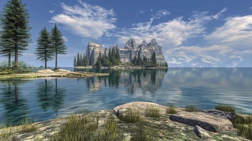 Tranquil Lake with Mountain Reflections and Evergreen Forest