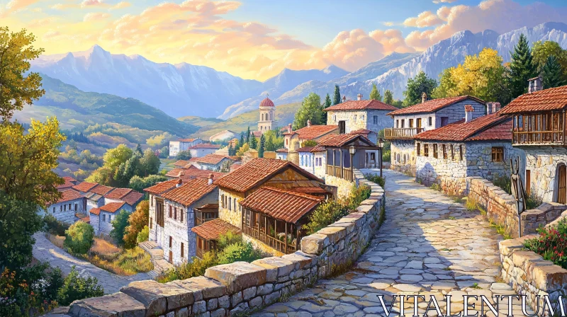 AI ART Quaint Village and Mountain Landscape Art