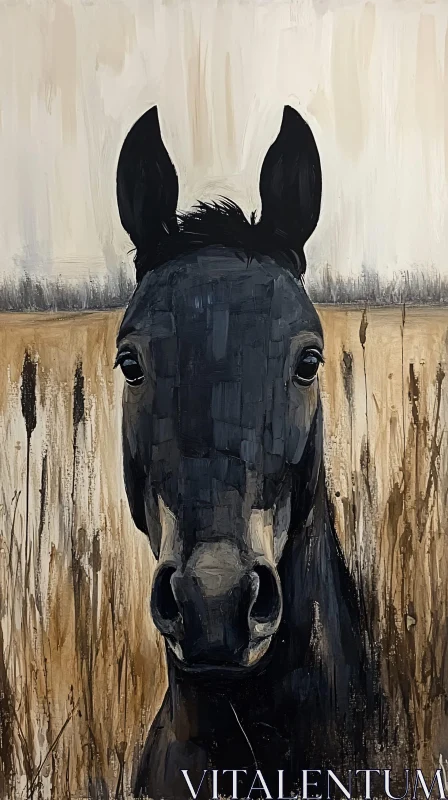 AI ART Black Horse in Grassy Landscape