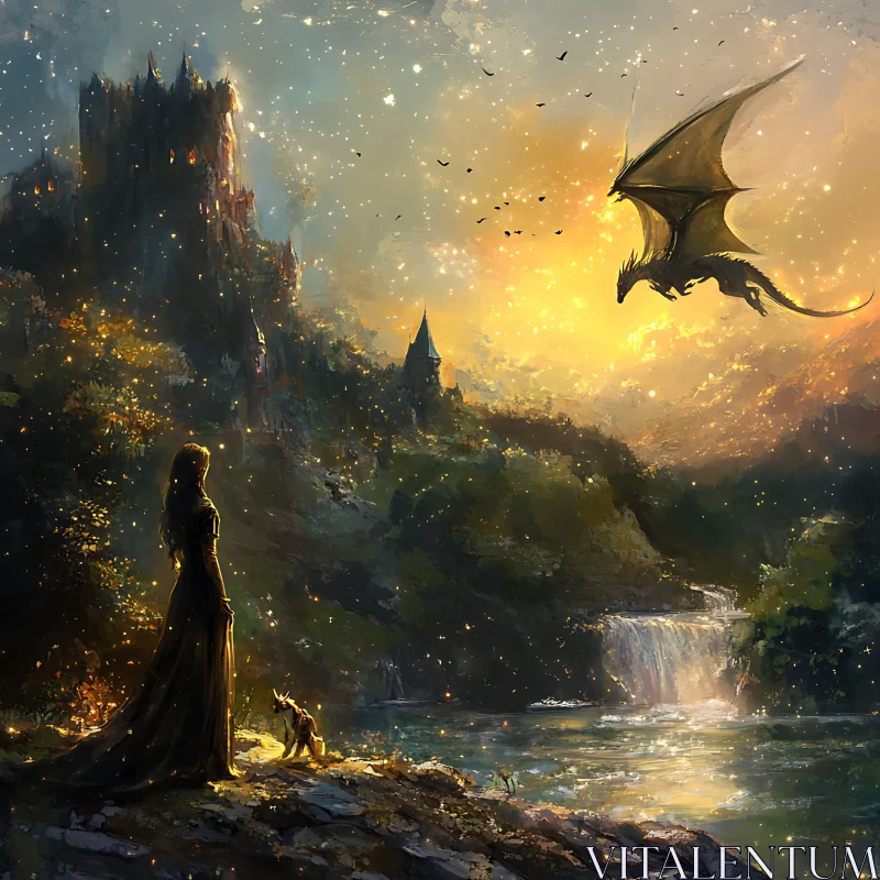 AI ART Fantasy Landscape with Dragon and Castle