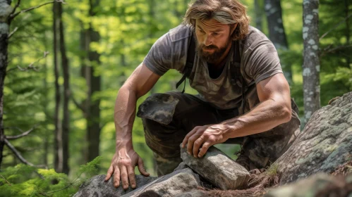 Captivating Image of a Man Chopping Down a Tree Stump in the Woods