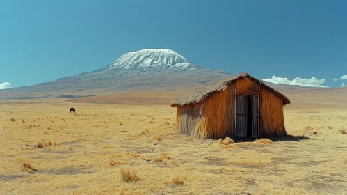 Captivating Landscape: Adobe Hut and Majestic Mountain
