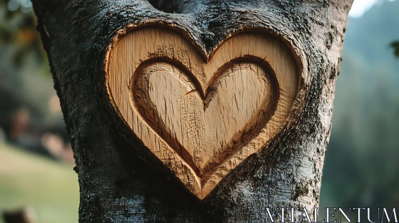 Wooden Heart on Tree Bark AI Image