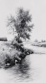 Tranquil Riverbank Art in Pencil