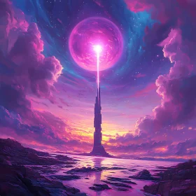 Pink Planet and Tower Surreal Landscape