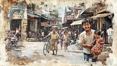 Children's Laughter in a Vintage Cityscape