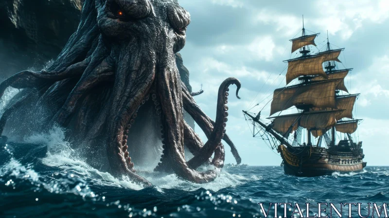 Giant Octopus Attacking Ship: A Captivating Digital Painting AI Image