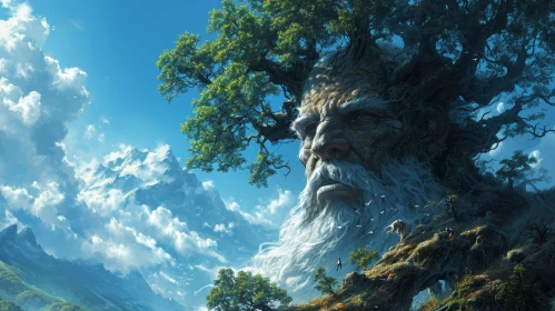 Majestic Fantasy Landscape with a Tree and Human Face