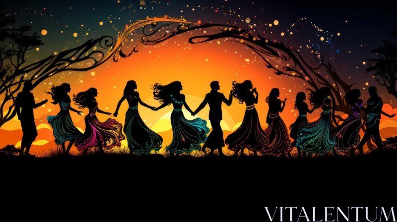 Sunset Dance - Indian-Style Silhouettes in Vibrant Colors AI Image