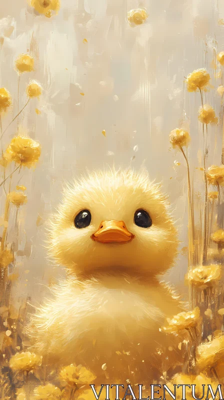 Adorable Duckling with Yellow Flowers AI Image