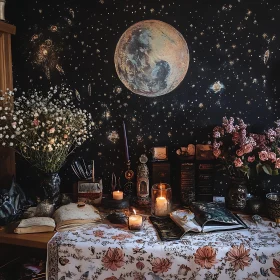 Celestial Still Life with Candles and Blooms