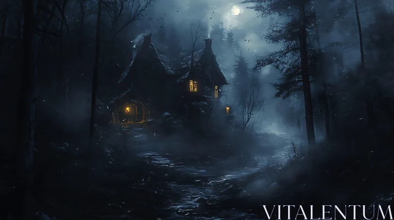 Mysterious House in Forest at Night AI Image