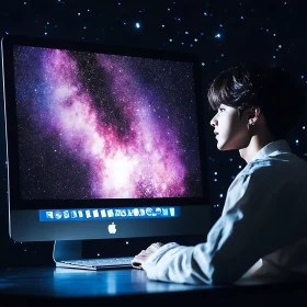 Young Individual Enchanted by Cosmic Display on Monitor