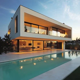 Contemporary Home with Glass Facade and Outdoor Pool at Dusk