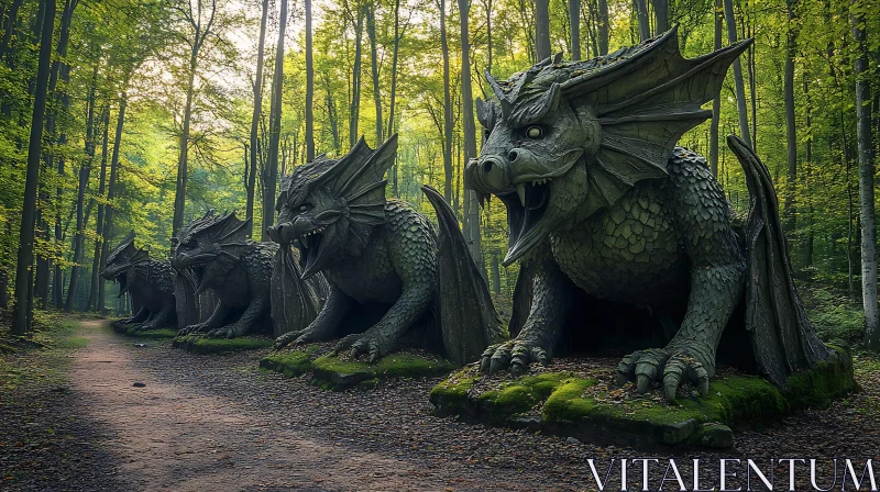 AI ART Forest Guardians: Stone Dragon Statues