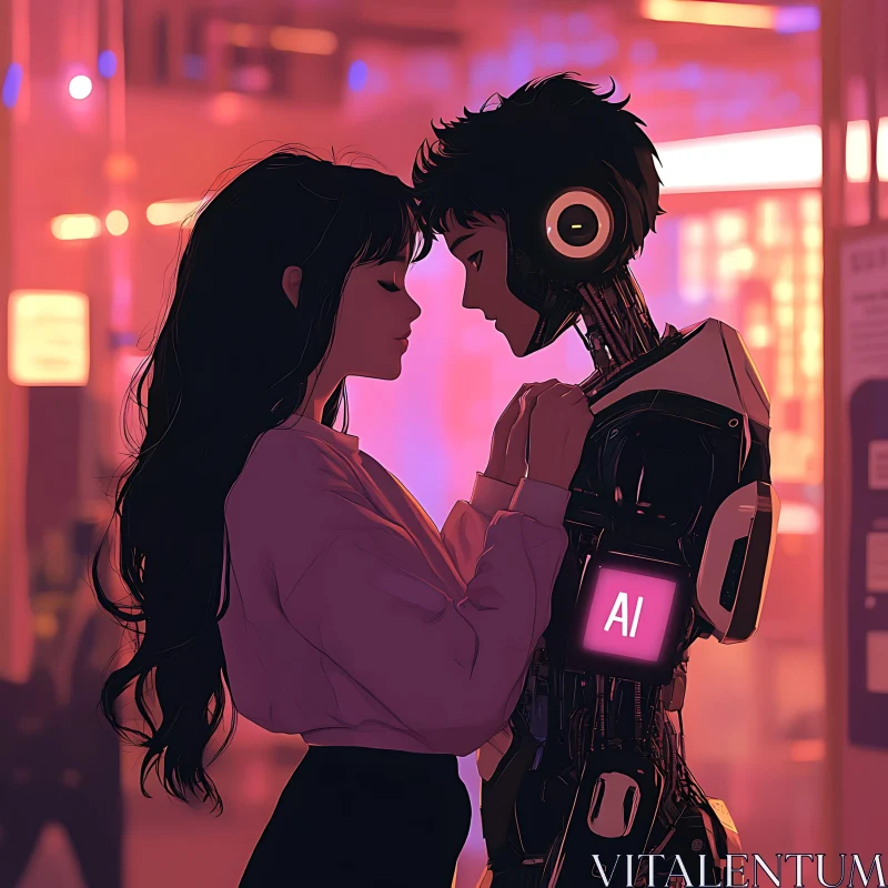 Neon Love: A Woman and Her Robot AI Image