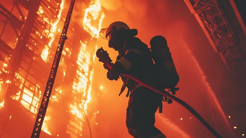 Brave Firefighter in Action Against a Massive Fire