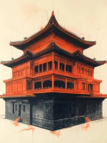 Architectural Drawing of Traditional Asian Building