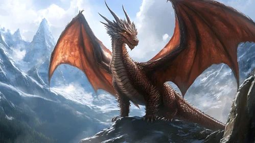 Crimson Dragon Overlooking Snowy Mountains