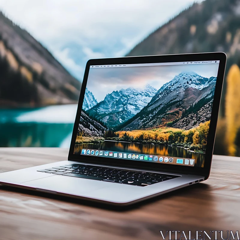 Mountain Wallpaper on Laptop Screen in Nature Setting AI Image