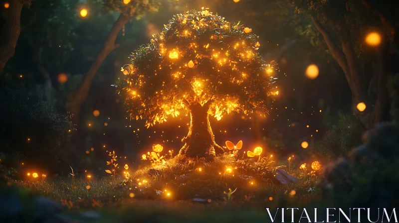 AI ART Luminous Tree in Mystical Forest