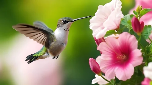 Flying Bird and Pink Flowers