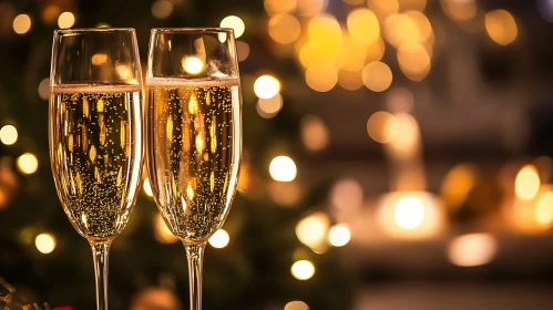 Festive Champagne Flutes with Bokeh Lights