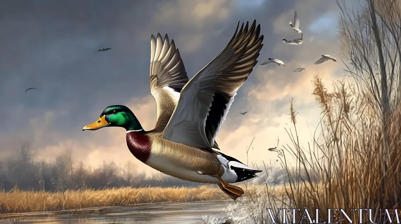 Flying Mallard Duck Over River Scene AI Image