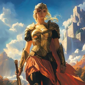 Female Warrior in Gold Armor Artwork