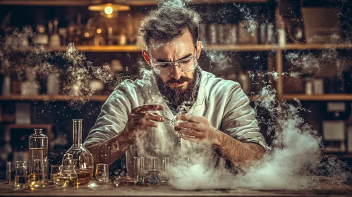 Scientist Performing Experiment with Smoke