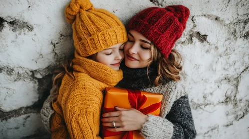 Cozy Winter Hug: A Mother-Daughter Moment